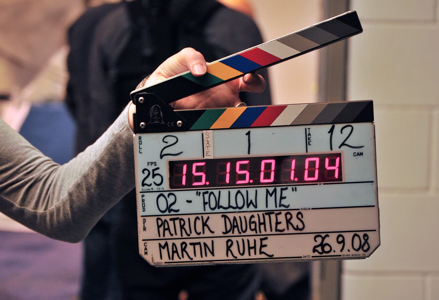 A film clapperboard held up at the start of a take